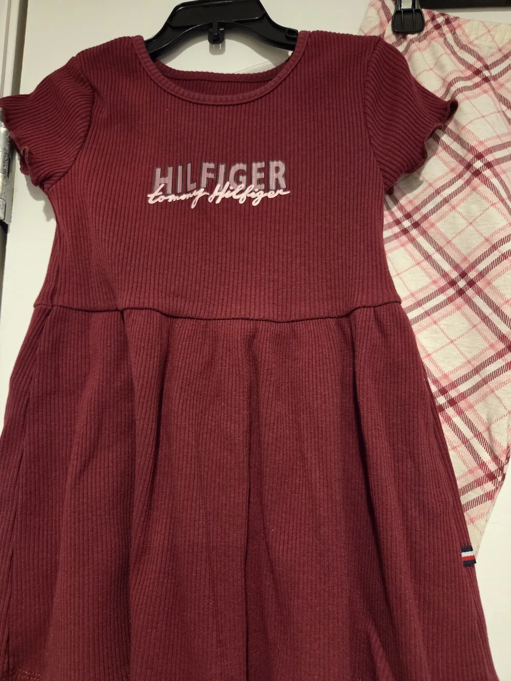 Tommy Hilfiger Girls Burgundy Ribbed Dress & Plaid Leggings Set